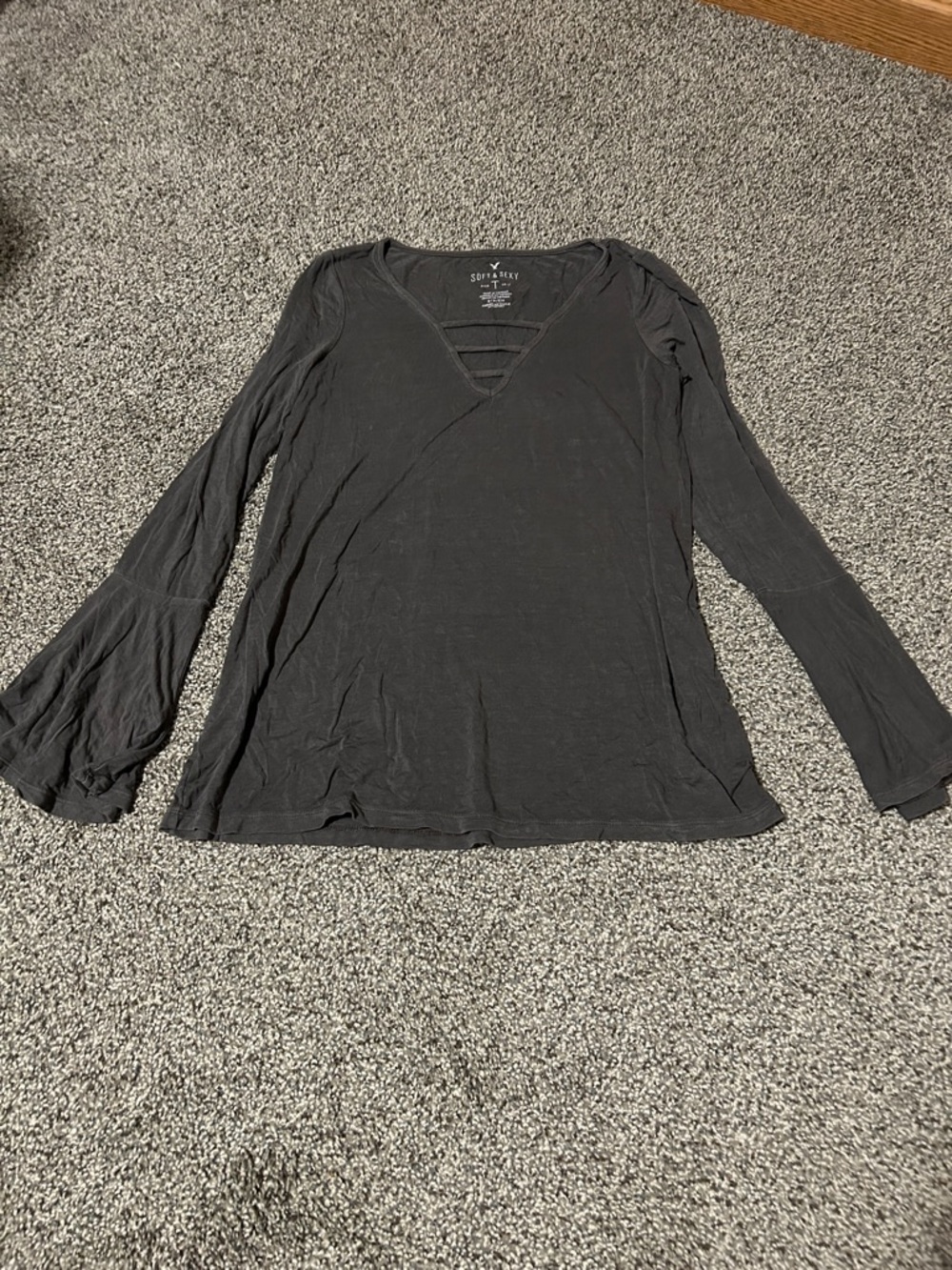 American Eagle Outfitters Black Long-Sleeve V-Neck Top with Strappy Detail